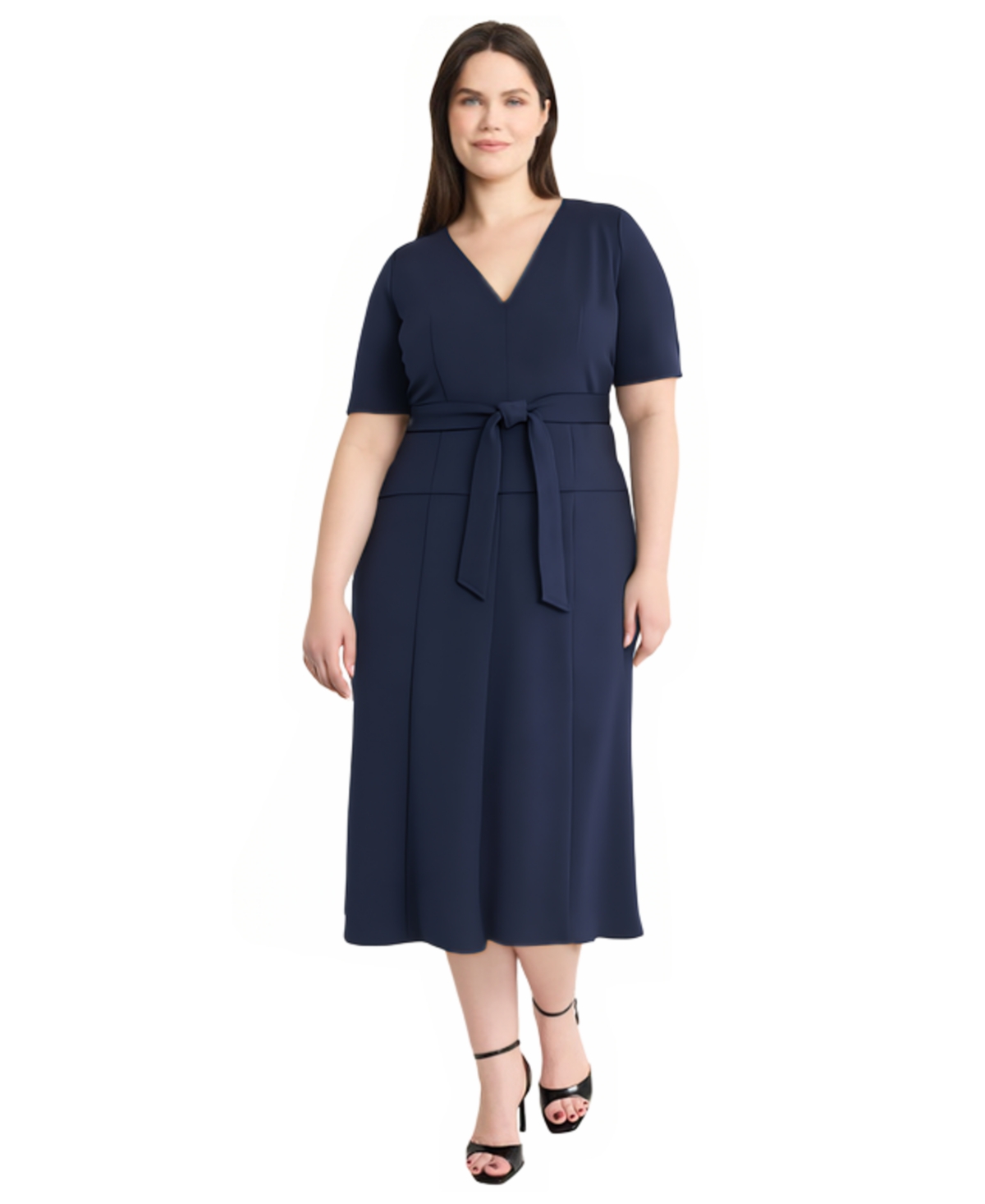 Maggy London Plus Size Short Sleeve Tie Waist Midi Dress In Blue