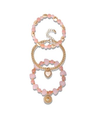 Set of 3 Pink and Gold-Tone Beaded Stretch Bracelets