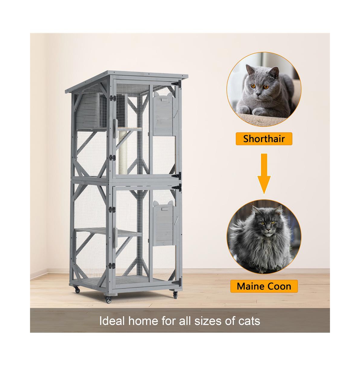 Aostirmotor 70.9 in. H Outdoor Cat Enclosure on Wheels with Upgraded Resting Box Waterproof Roof in Gray