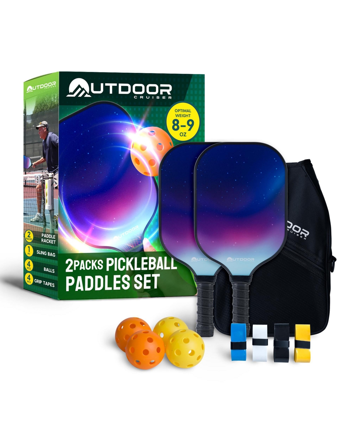 Outdoor Cruiser Pickleball Paddle Set – Usapa Approved, Premium Fiberglass Paddles with Lightweight Shock-Absorbing Grip, Includes 2 Rackets, 4