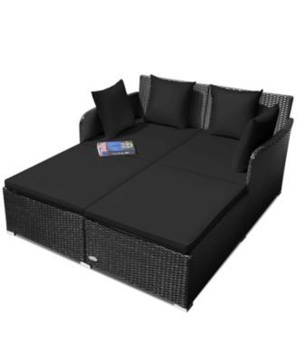 Outdoor Patio Rattan Daybed Thick Pillows Cushioned Sofa Furniture