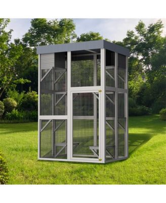 70.5 in. H Outdoor Wooden Cat Enclosure with 6 Jumping Platforms 2 Napping Houses Movable tarp cover in Gray