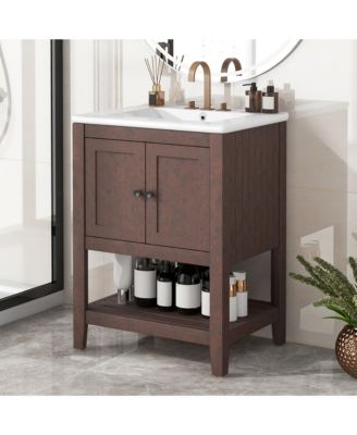 24" Modern Bathroom Vanity with Ceramic Sink, Solid Wood Frame, Open Style Shelf