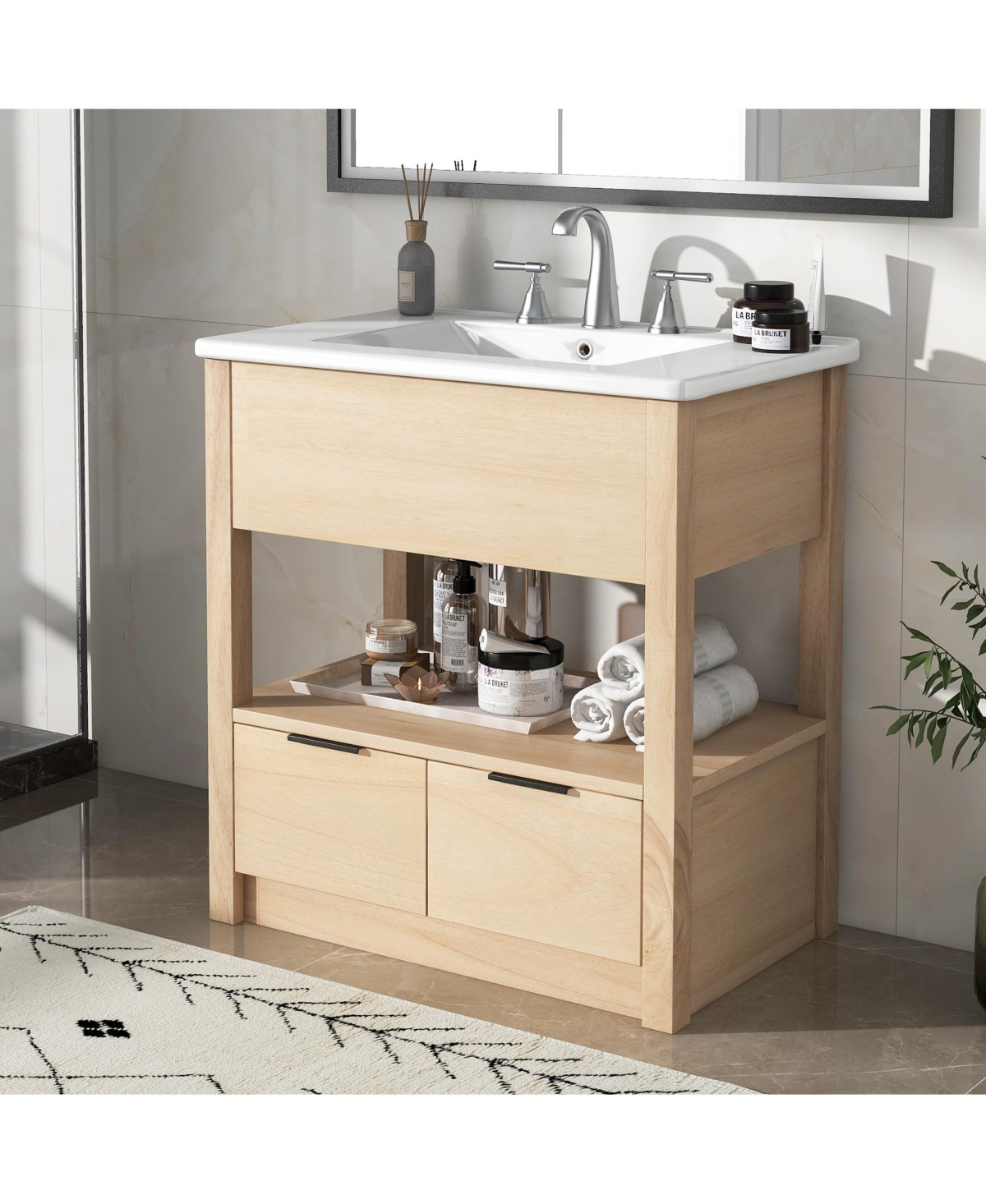 30" Bathroom Vanity with Sink, Cabinet with Open Storage Shelf and Two Drawers, One Package - Natural
