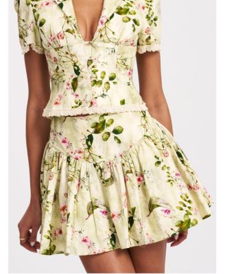 Women Zanelle Green Floral Print Drop Waist Linen Full Skirt