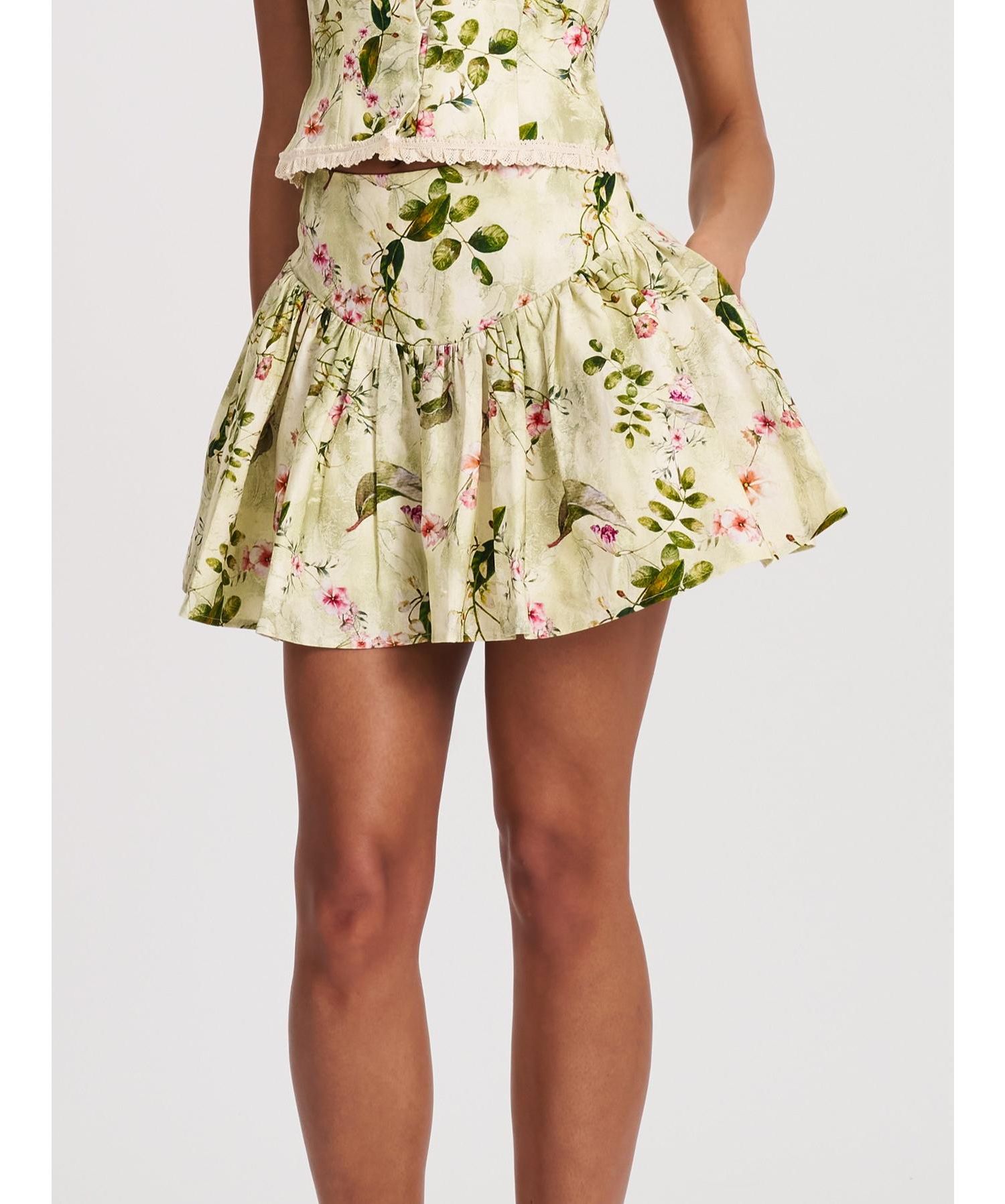 Women Zanelle Green Floral Print Drop Waist Linen Full Skirt