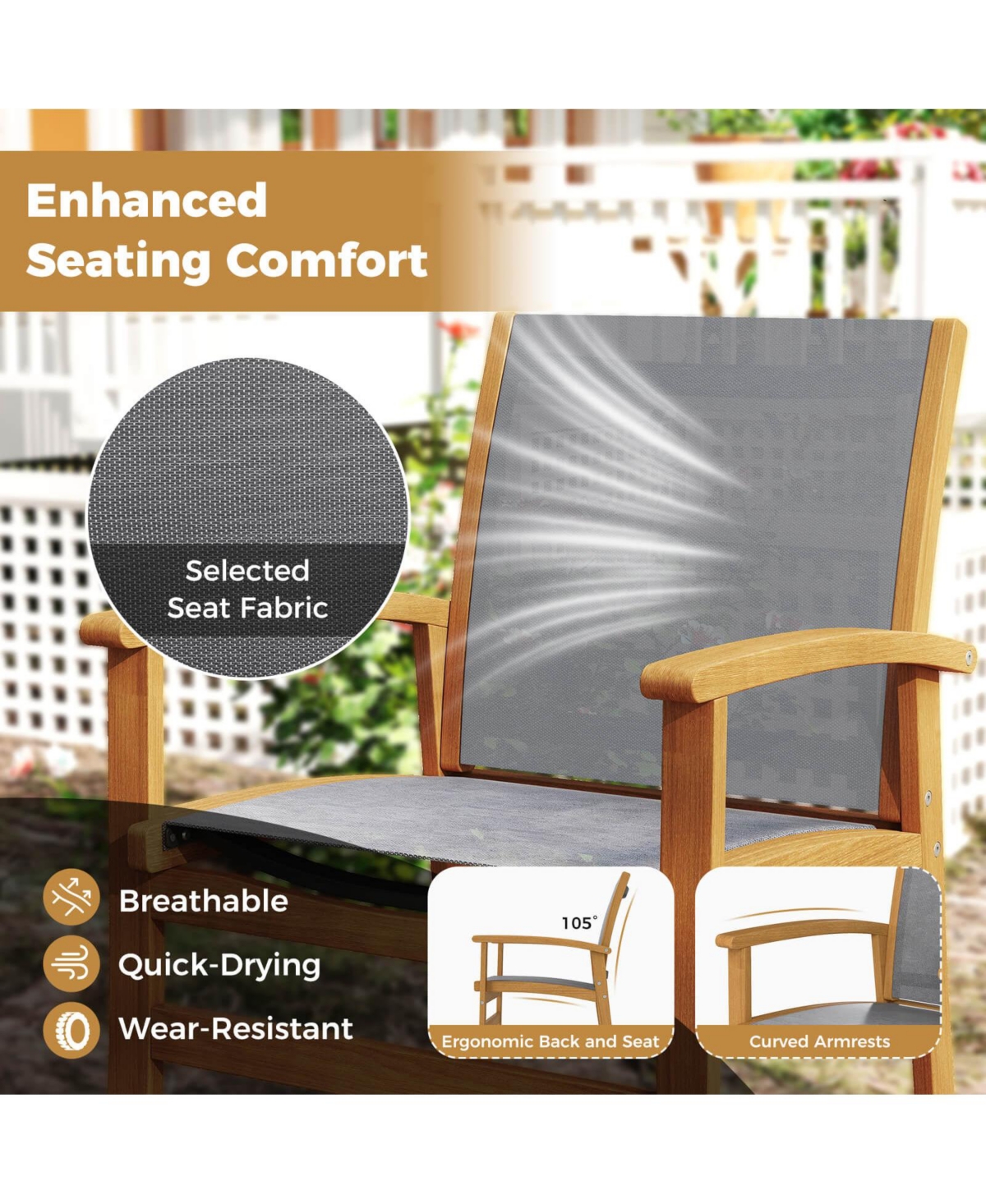 Costway Outdoor Dining Chairs Acacia Wood Patio Chairs with Breathable Fabric Seat