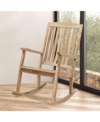 Teak Wood Outdoor Porch Rocking Chair with Slatted Back, 275 lb Capacity, Unfinished