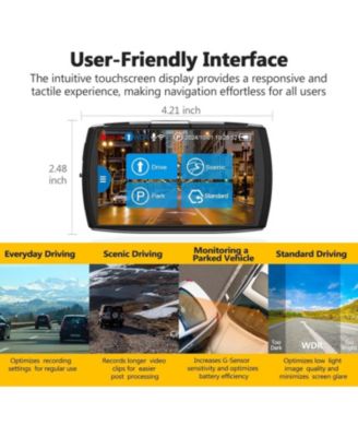 T4 4K Dash Cam, 2K Front + 1080P Rear, 4 inch Touchscreen, WDR Night Vision, G Sensor, Loop Recording, 24 Hour Parking Mode, Built in Wi Fi, Supports max 512GB TF Card