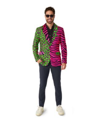Men's Party Blazer - Neon Animal Print Slim Fit - Green - Pink