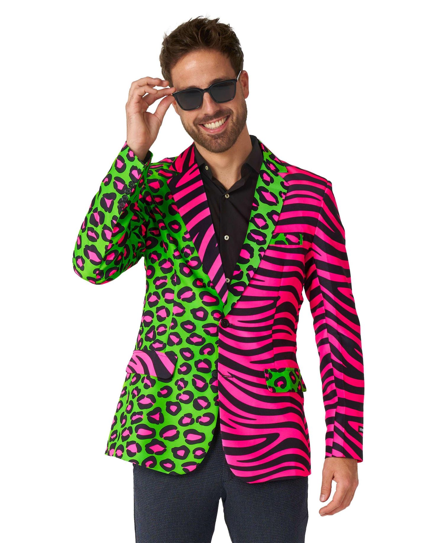 Men's Party Blazer - Neon Animal Print Slim Fit - Green - Pink