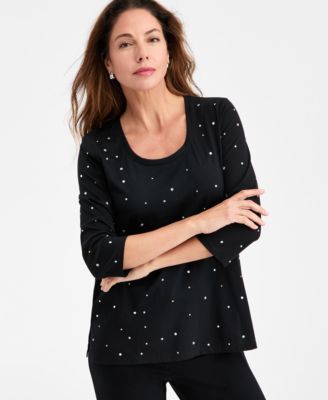 JM Collection - Women's Cotton Embellished 3/4-Sleeve Top