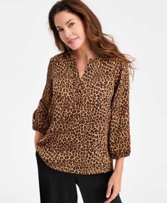 JM Collection - Women's Cheetah-Print Embellished-Neck Blouse