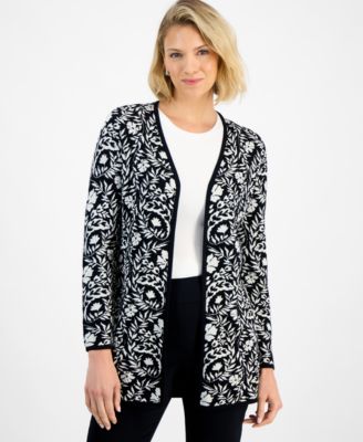JM Collection - Women's Painted Foliage Open-Front Cardigan