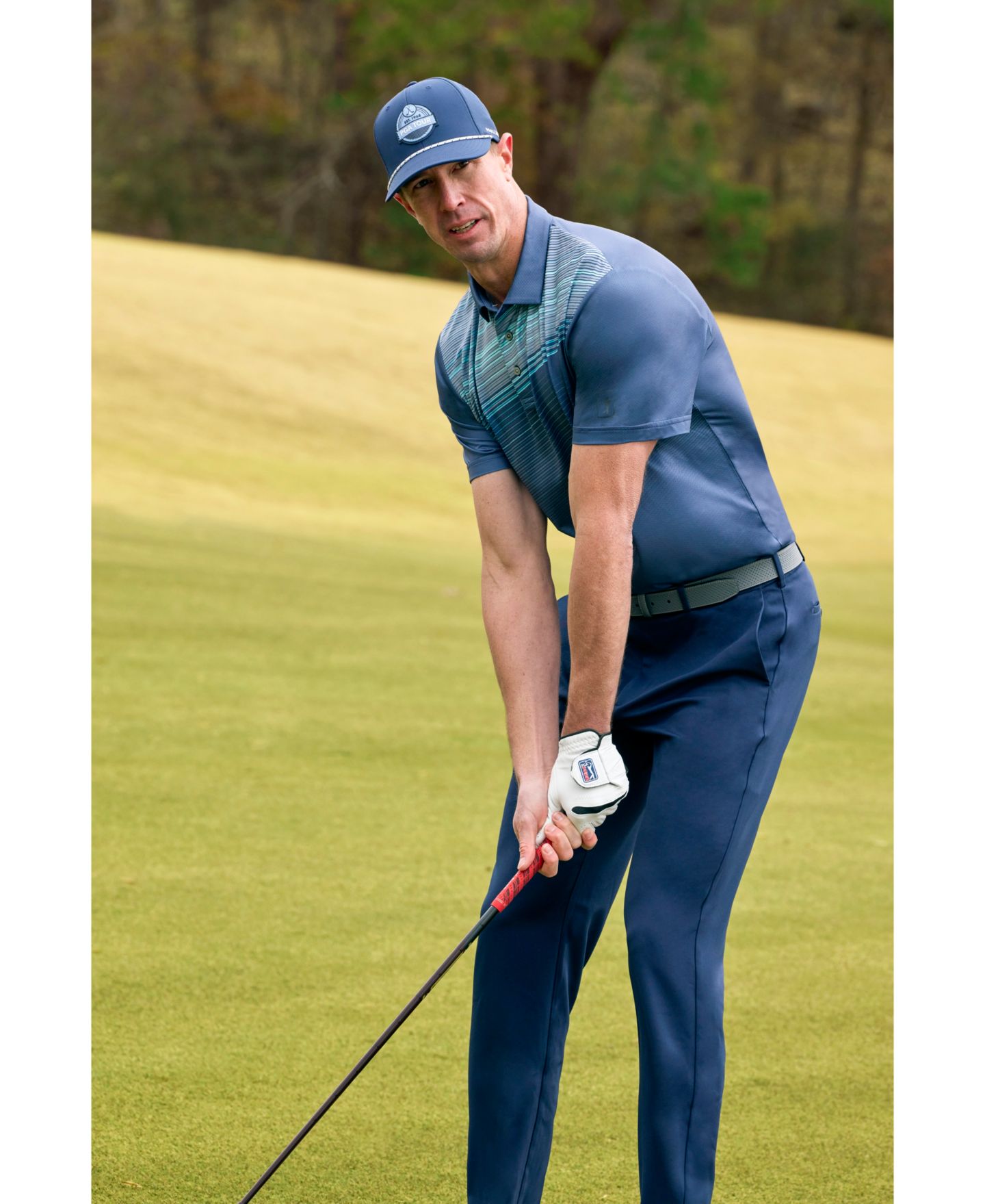 Мужское поло PGA TOUR Stripe Print Short Sleeve Golf Polo Shirt, цвет: Синий индиго — фото 5