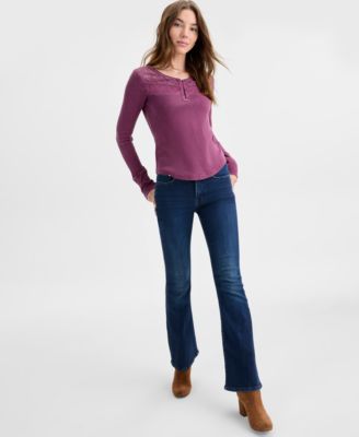 Women's Lace-Yoke Long-Sleeve Henley Top