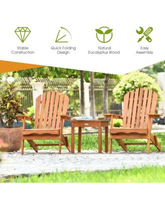3PCS Eucalyptus Adirondack Chair Set w/ Side Table Outdoor Patio