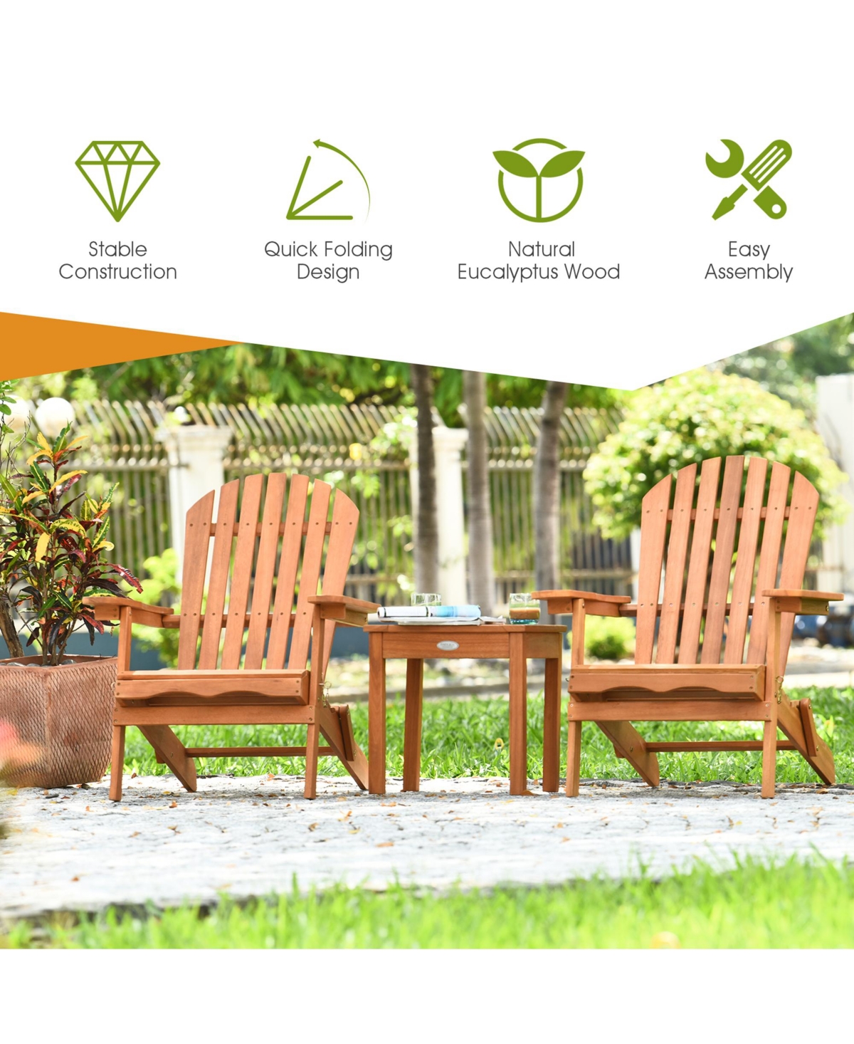Gymax 3PCS Eucalyptus Adirondack Chair Set w/ Side Table Outdoor Patio