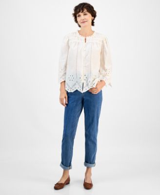 Petite Eyelet Embroidered Cotton Button-Front Blouse, Macy's Exclusive