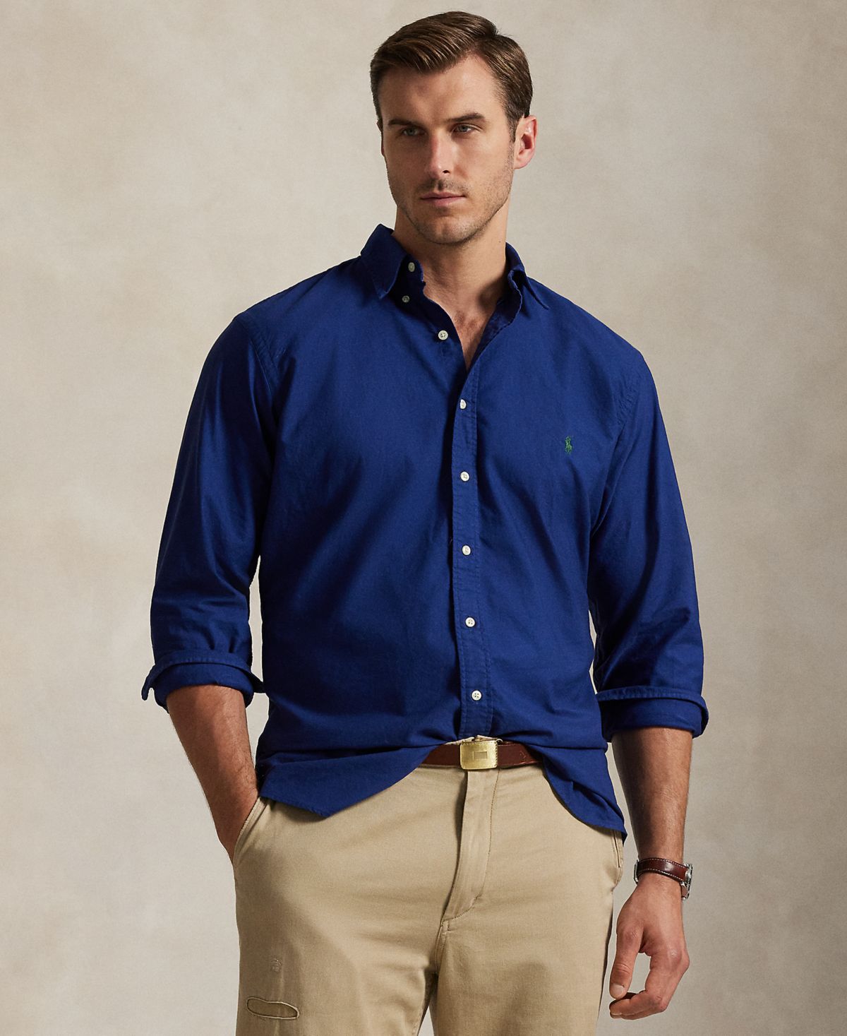 Мужская одежда для больших и высоких людей-окрашенная Оксфордская рубашка