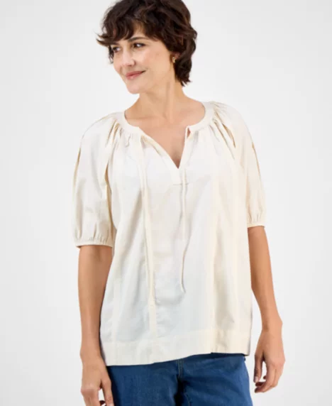 Petite Gathered Puff-Sleeve Top - Palomino