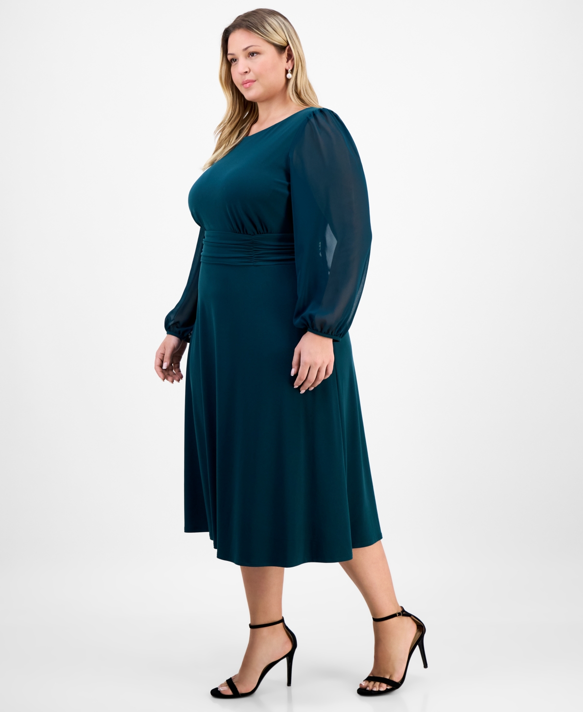 Connected Plus Size Shirred-waist Sheer-sleeve Midi Dress