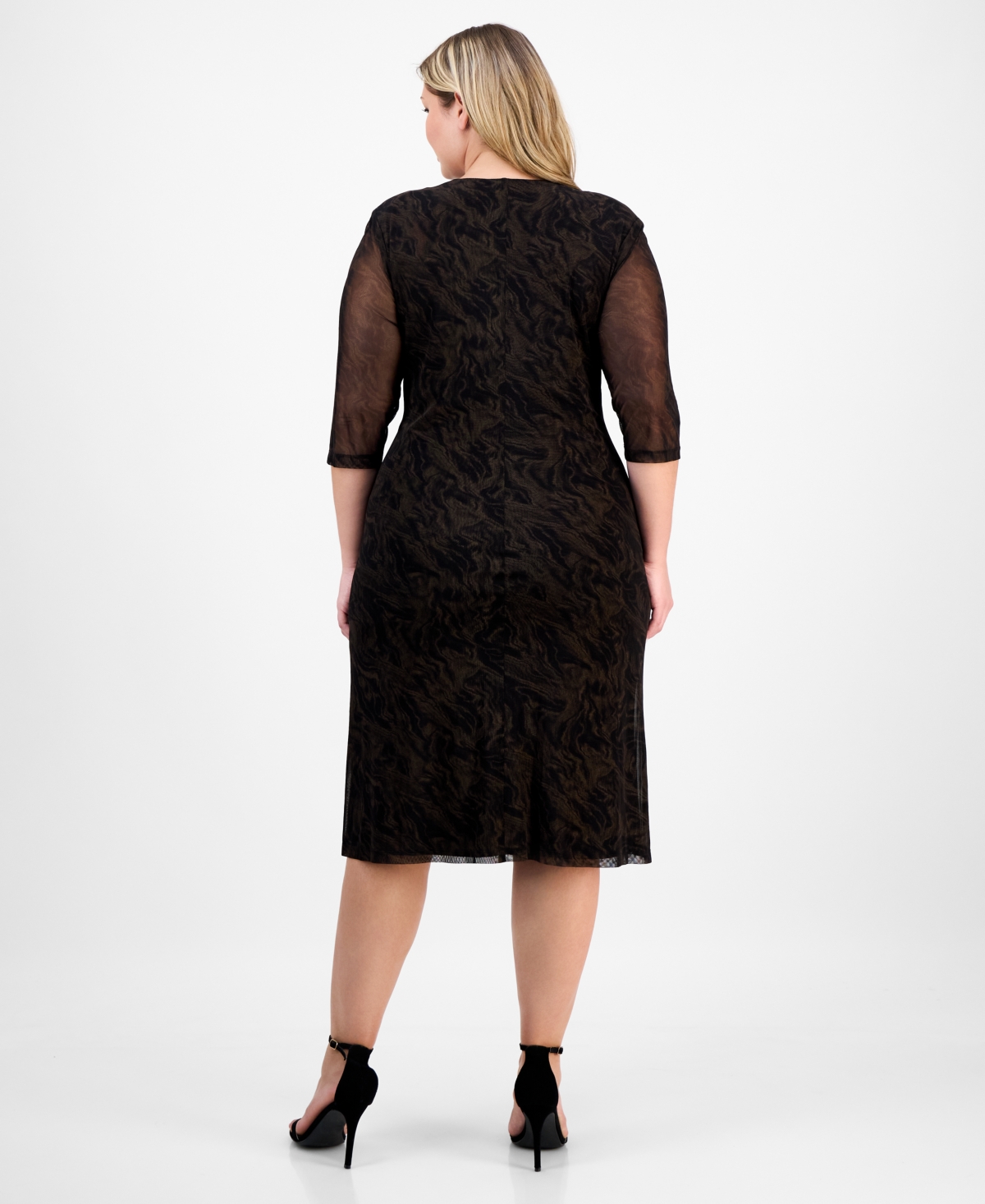 Connected Plus Size V-neck Mesh Elbow-sleeve Dress In Black