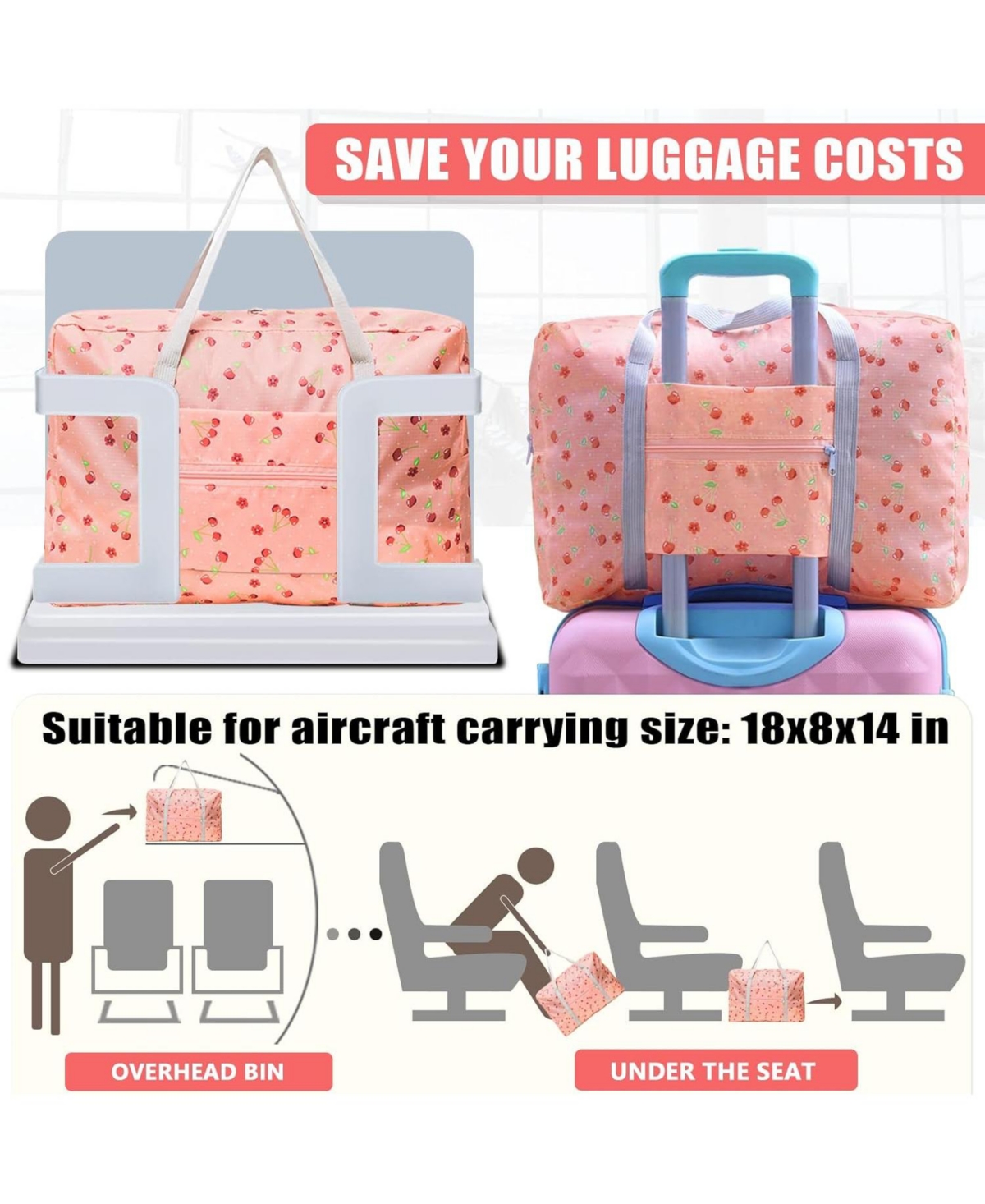 Urtala Travel Bag Foldable Luggage Bag Spirit Airlines Personal Item Bag Sports Gym Bag Weekender Overnight Bag Travel Duffel for Women (Pink Cherry)