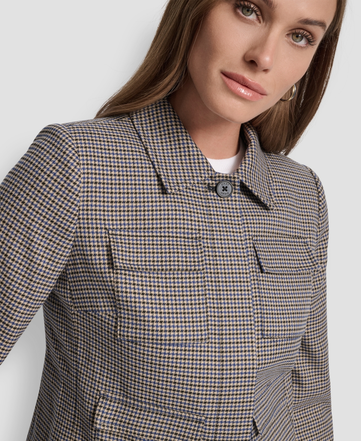 Dkny Petite Houndstooth Long Sleeve Trucker Jacket