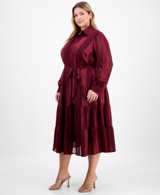 Plus Size Long-Sleeve Satin Stripe Shirtdress