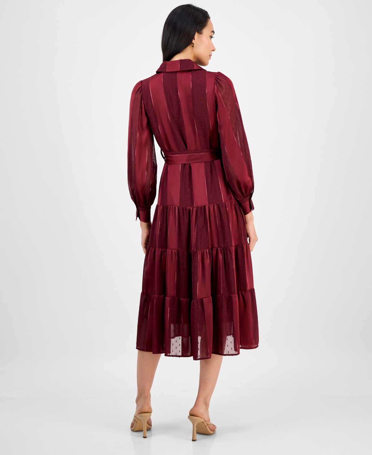 Robbie Bee Petite Satin Stripe Tie-waist Shirtdress In Brown