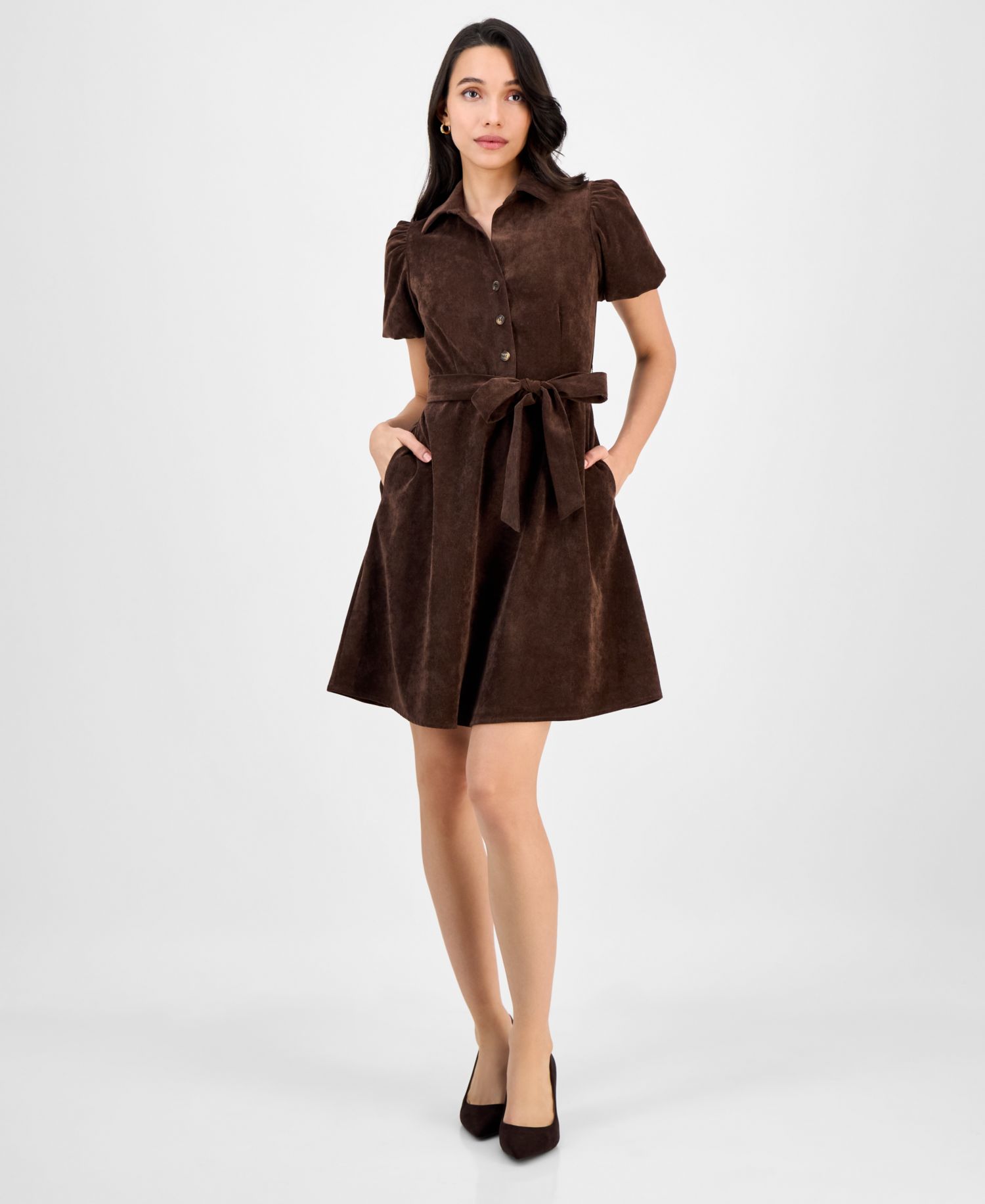 Petite Short-Sleeve Button-Front Corduroy Shirtdress