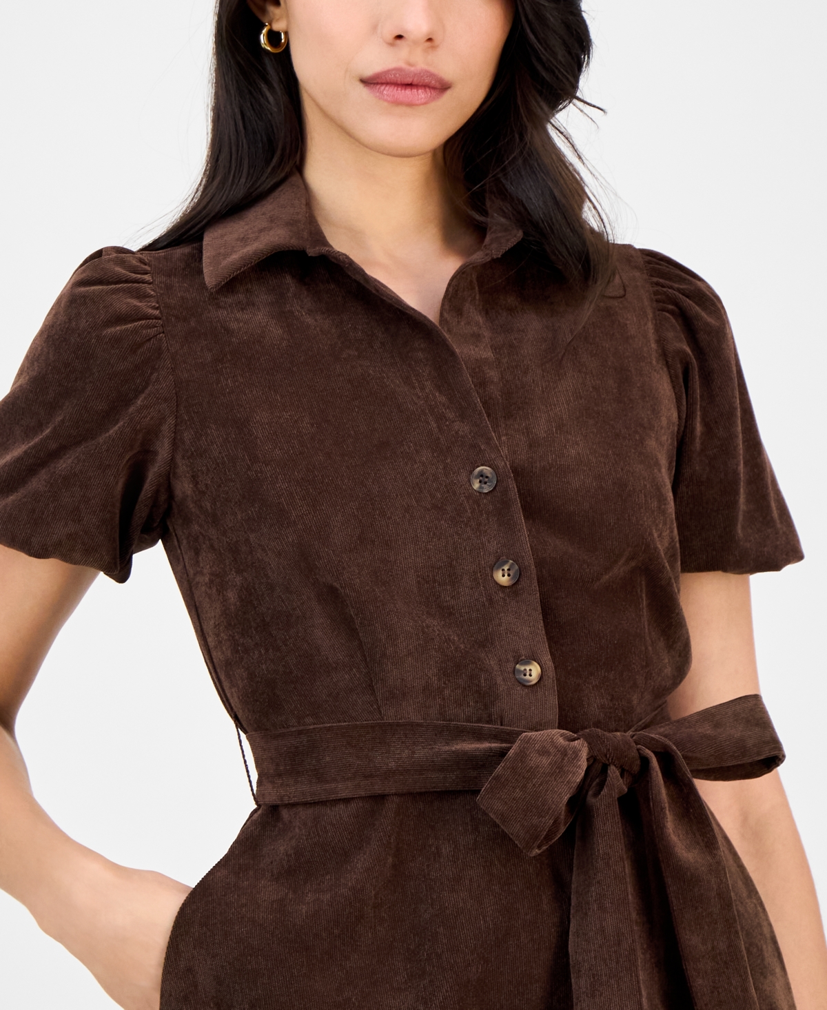 Robbie Bee Petite Short-sleeve Button-front Corduroy Shirtdress In Brown