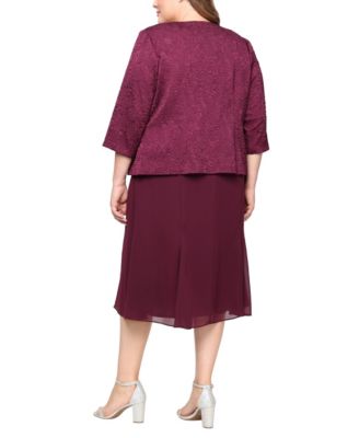 Plus Size Tea Length Textured Jacquard 3/4-Sleeve Midi Jacket Dress