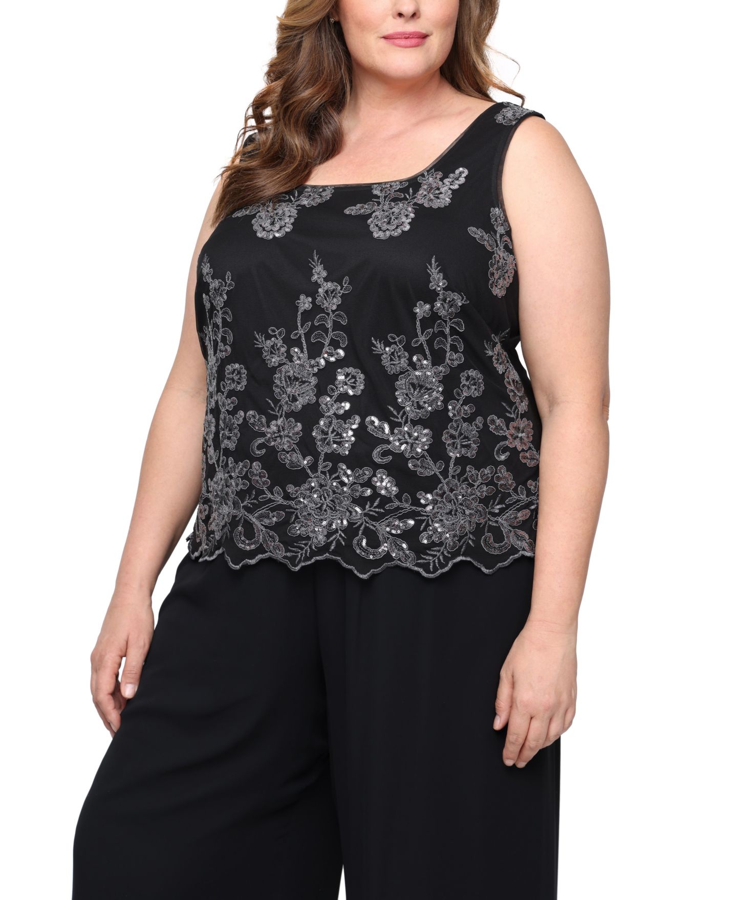 Женские комплекты Alex Evenings Plus Size 3/4-Sleeve Embroidered Jacket and Tank Twinset, цвет: Чёрный серый — фото 2