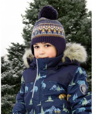 Baby Boy Lined Peruvian Knit Hat with Pompom Taupe and Navy - Baby
