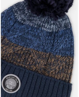 Boy Lined Knit Pompom Hat Taupe and Navy - Toddler|Child