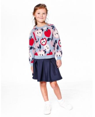 Big Girls Knit Sweater Blue and Red with Apple Heart Jacquard