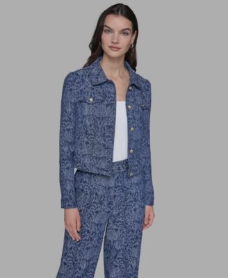 Karl Lagerfeld Womens Printed Denim Button Front Jacket P Xs Xl In Blue