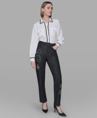 KARL LAGERFELD PARIS - Women's Patch Denim Straight-Leg Jeans
