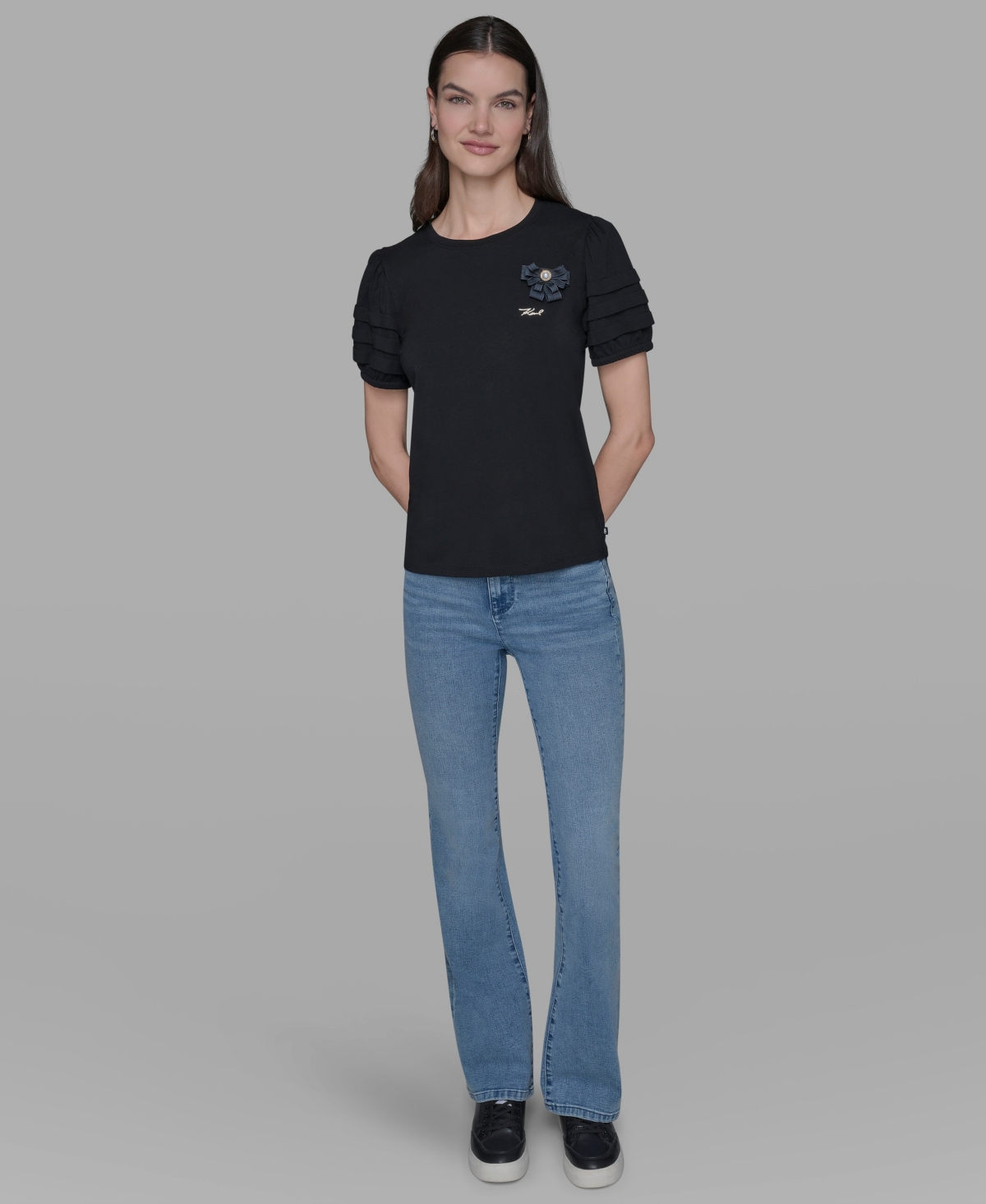 Karl Lagerfeld Women's K-pin Puff-sleeve Crewneck Top In Black