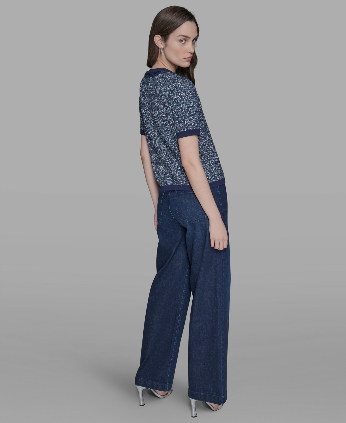 Karl Lagerfeld Women's Textured-knit Short-sleeve Sweater In Blue