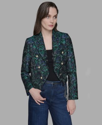 Karl Lagerfeld Womens Printed Cropped Peak Lapel Jacket 2p 16 In Green