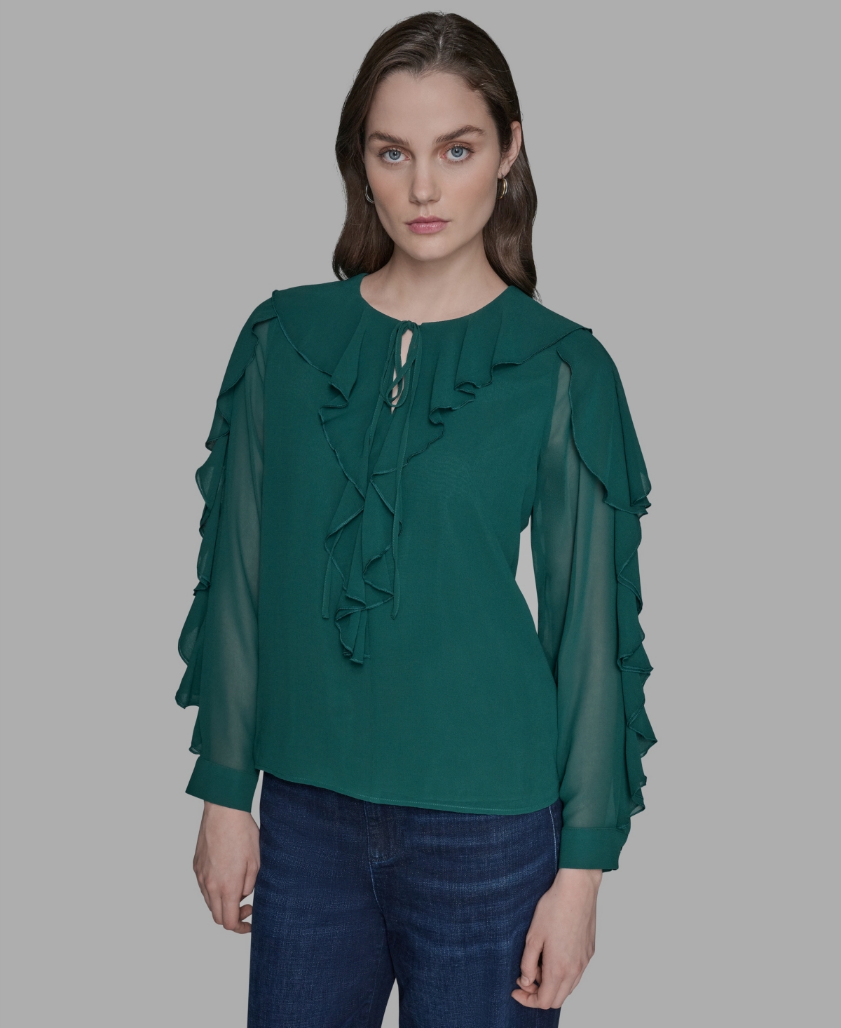 Karl Lagerfeld Women's Keyhole Ruffle Top In Green