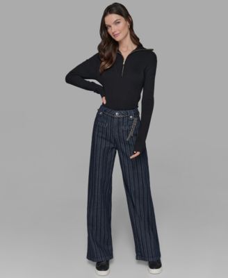 KARL LAGERFELD PARIS - Women's Striped Denim Belted Wide-Leg Jeans