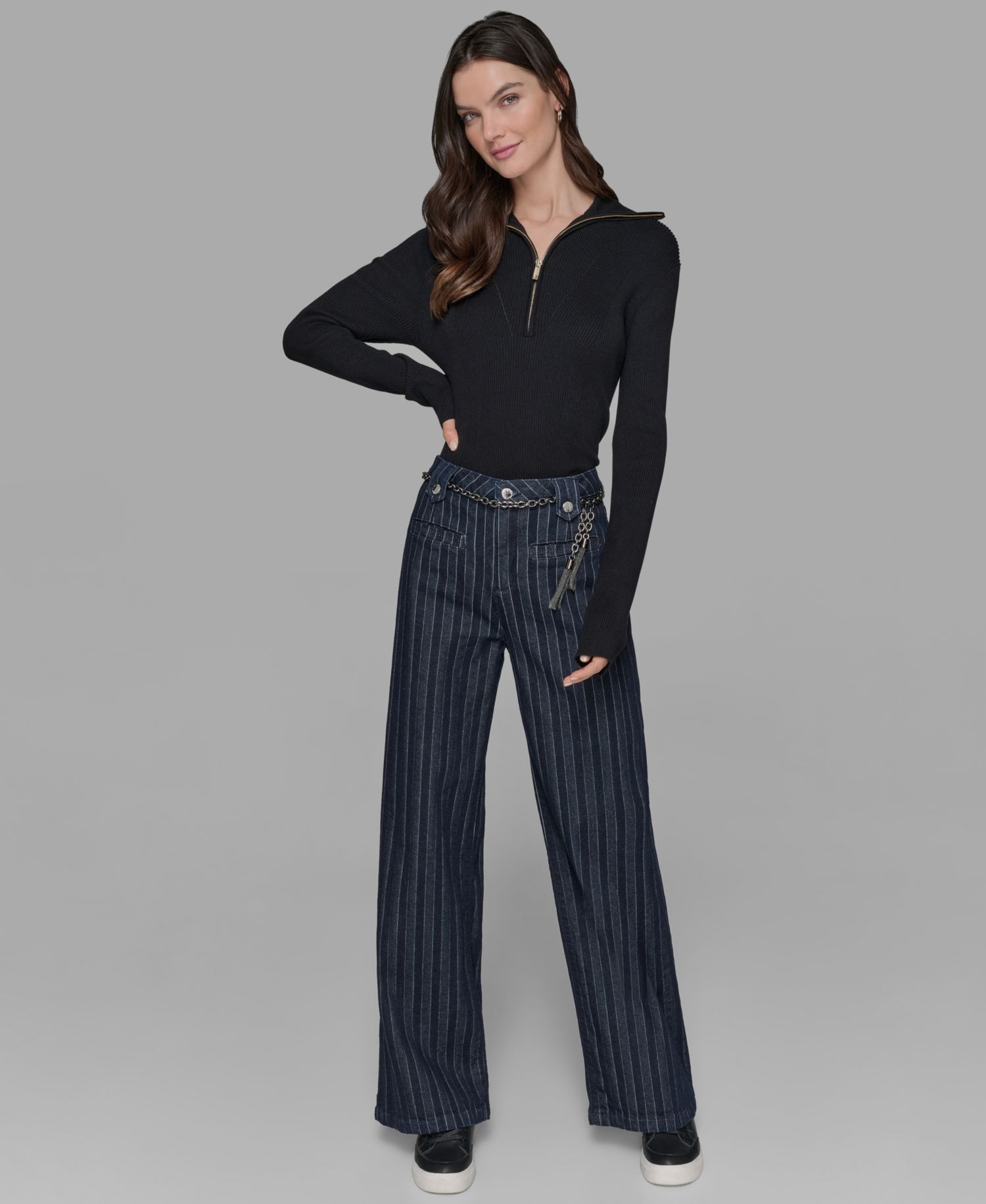 Women's Striped Denim Belted Wide-Leg Pants