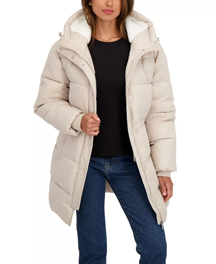 Women's 3/4 Cozy Lined Hooded Puffer Coat With Drawstring Waist - thumbnail 5