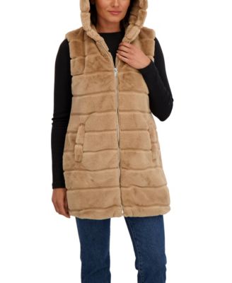 Women's Hooded Grooved 3/4 Faux Fur Vest