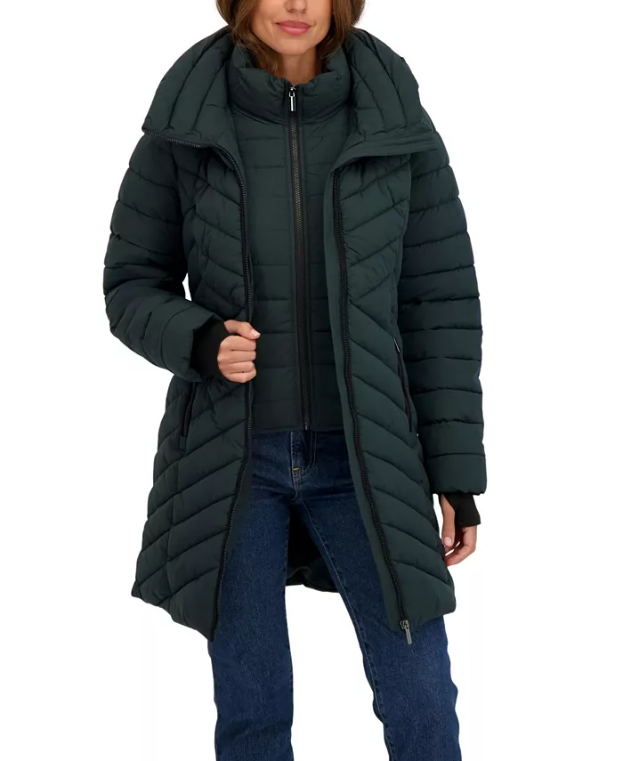 Women's 3/4 Hooded Stretch Puffer with Bib - thumbnail 3