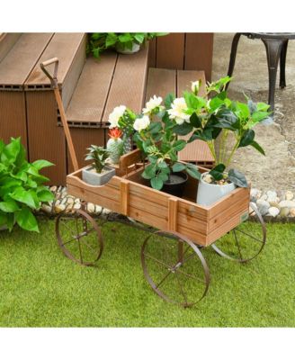 Garden Plant Planter Wooden Wagon Planter W/ Wheel Garden Yard